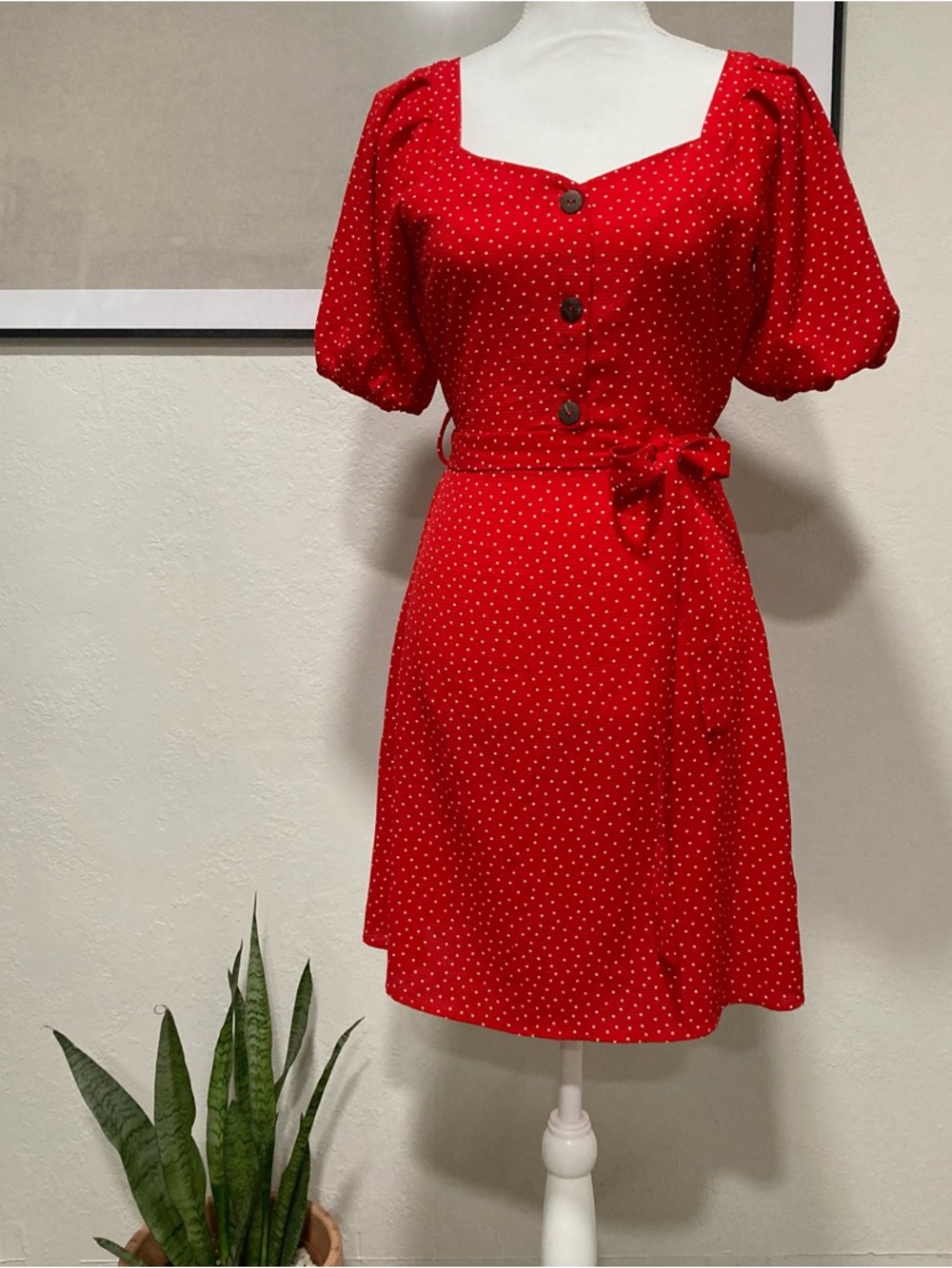 Red Polka Dot Cottagecore Belted Short A-Line Dress Size S